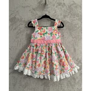 Tommy Bahama Floral Dress Pink Bow Back Size 12M Twee Coquette Eyelet Ruffle Hem